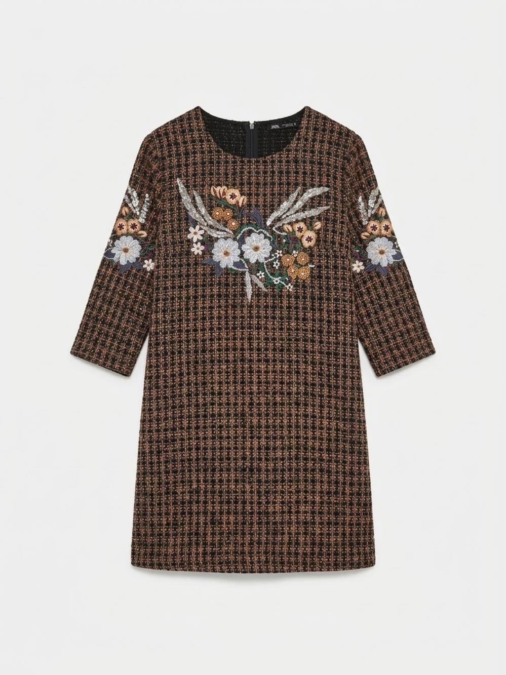 ZARA Floral Embroidered Sequin Tweed Shift Mini Dress Brown Orange Large L